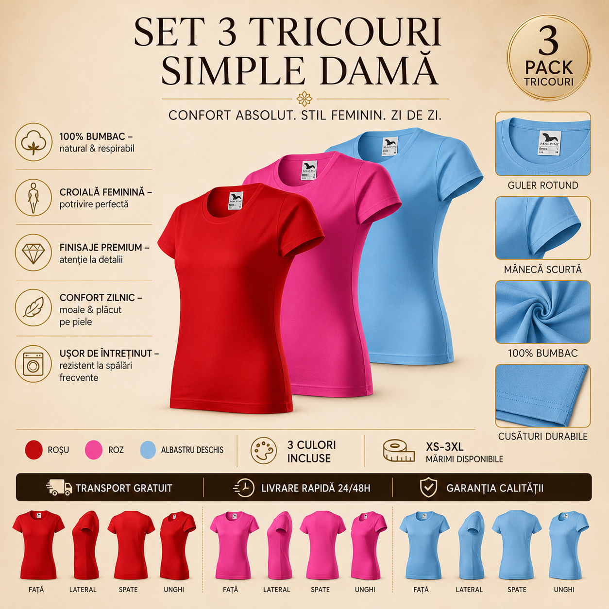 Set 3 tricouri damă 100% bumbac casual clasic roșu roz albastru transport gratuit